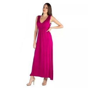 24seven Comfort Apparel Magenta V-Neck Sleeveless Belted Maxi Dress